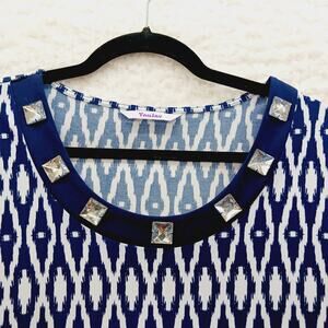 Blouse Size 1X 2X Navy Ikat Huge Jewels Glam Resort Artsy Maximalist Luxe Chic